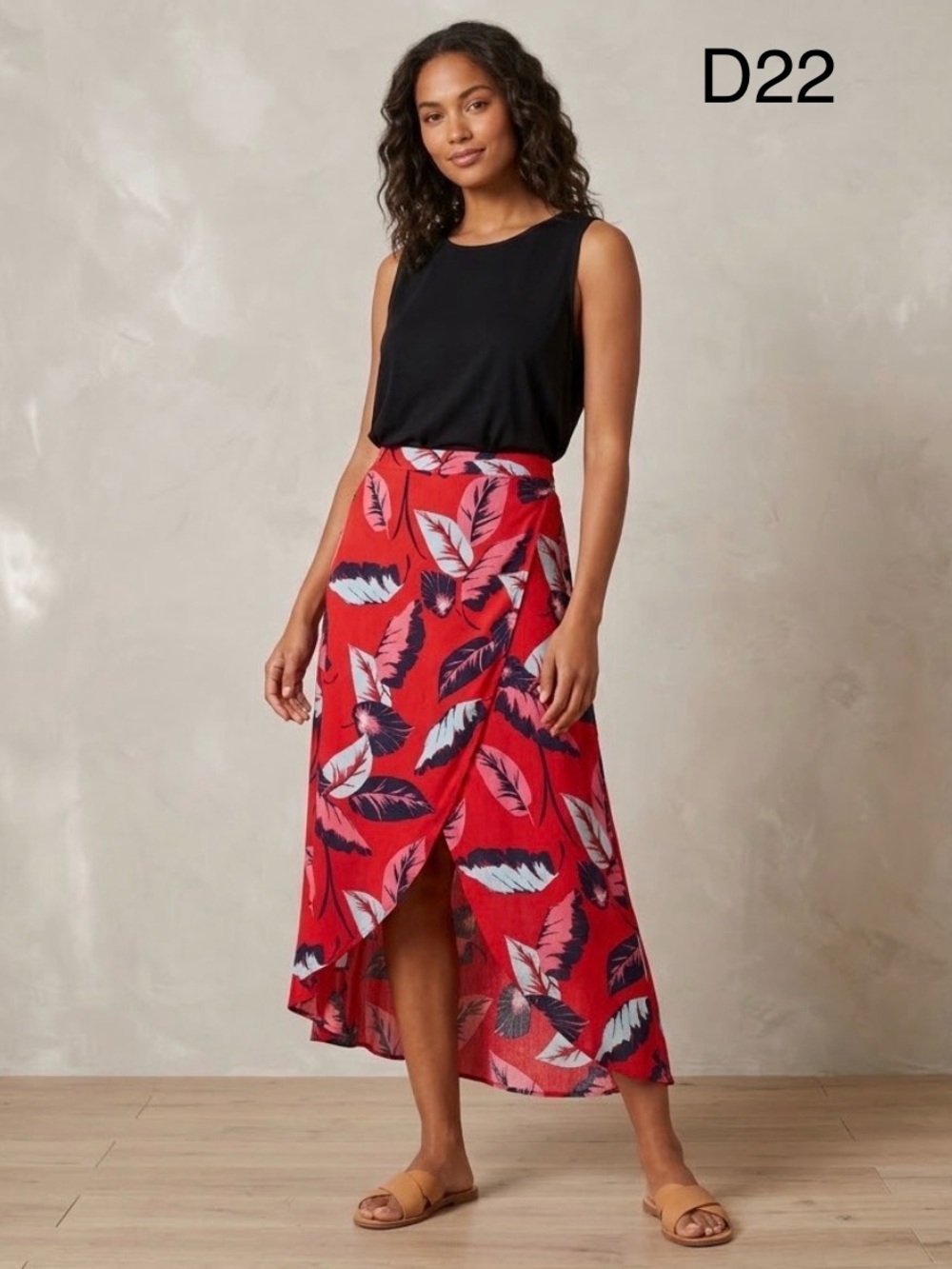 Express Red Leaf-Print High-Low Wrap Skirt, Size Medium